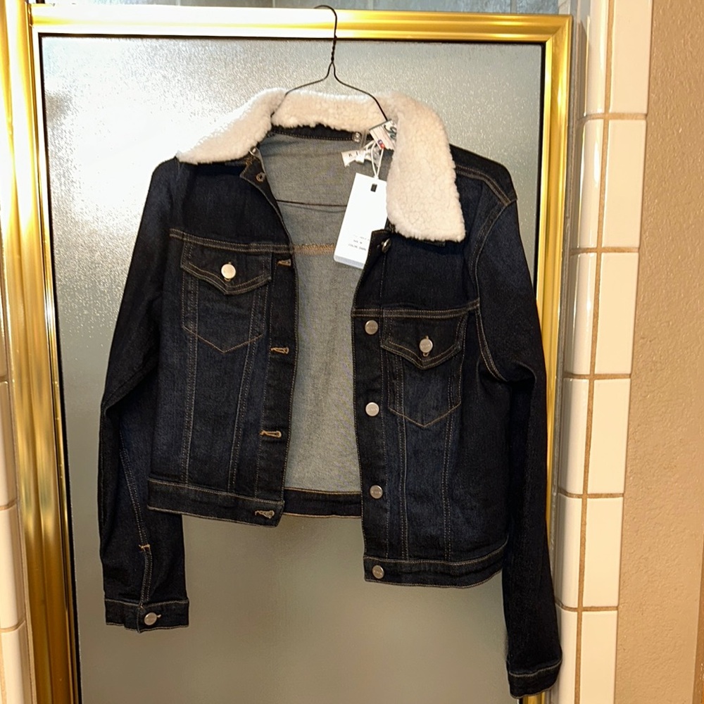 Women's Dark Blue Jean Jacket with White Sherpa Collar